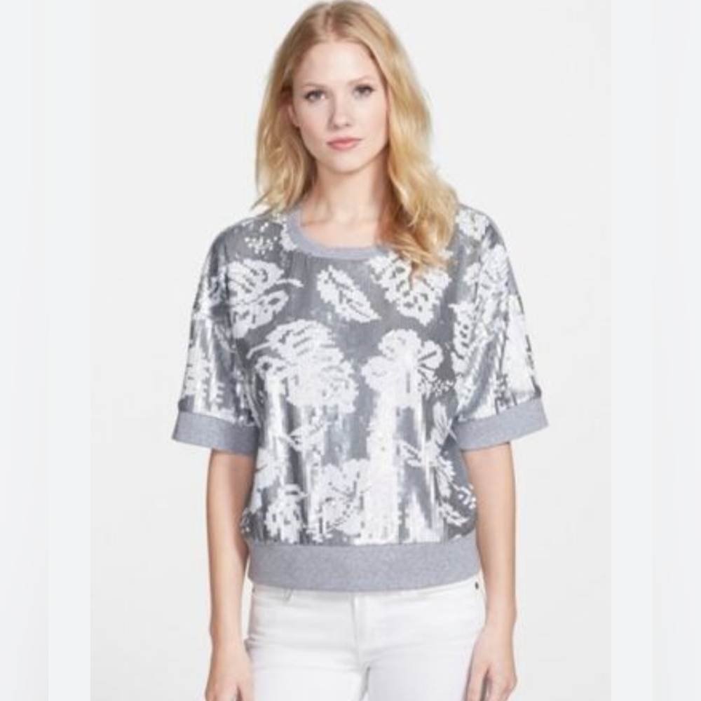 Michael Michael Kors Grey Knit with Floral Sequin Top Size Large, shimmer - Picture 2 of 10